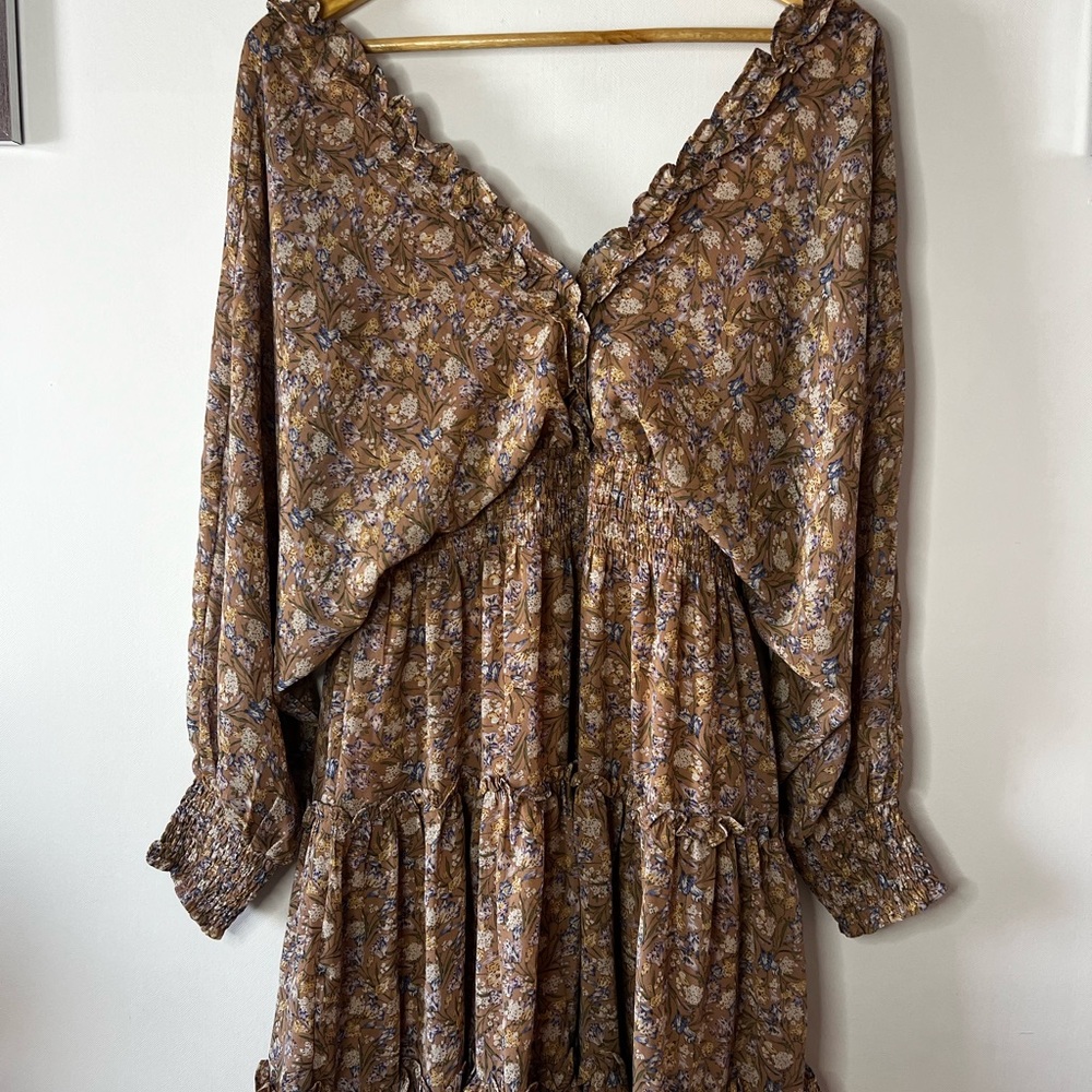 She + Sky Brown Floral Long-Sleeve Tiered Mini Dress